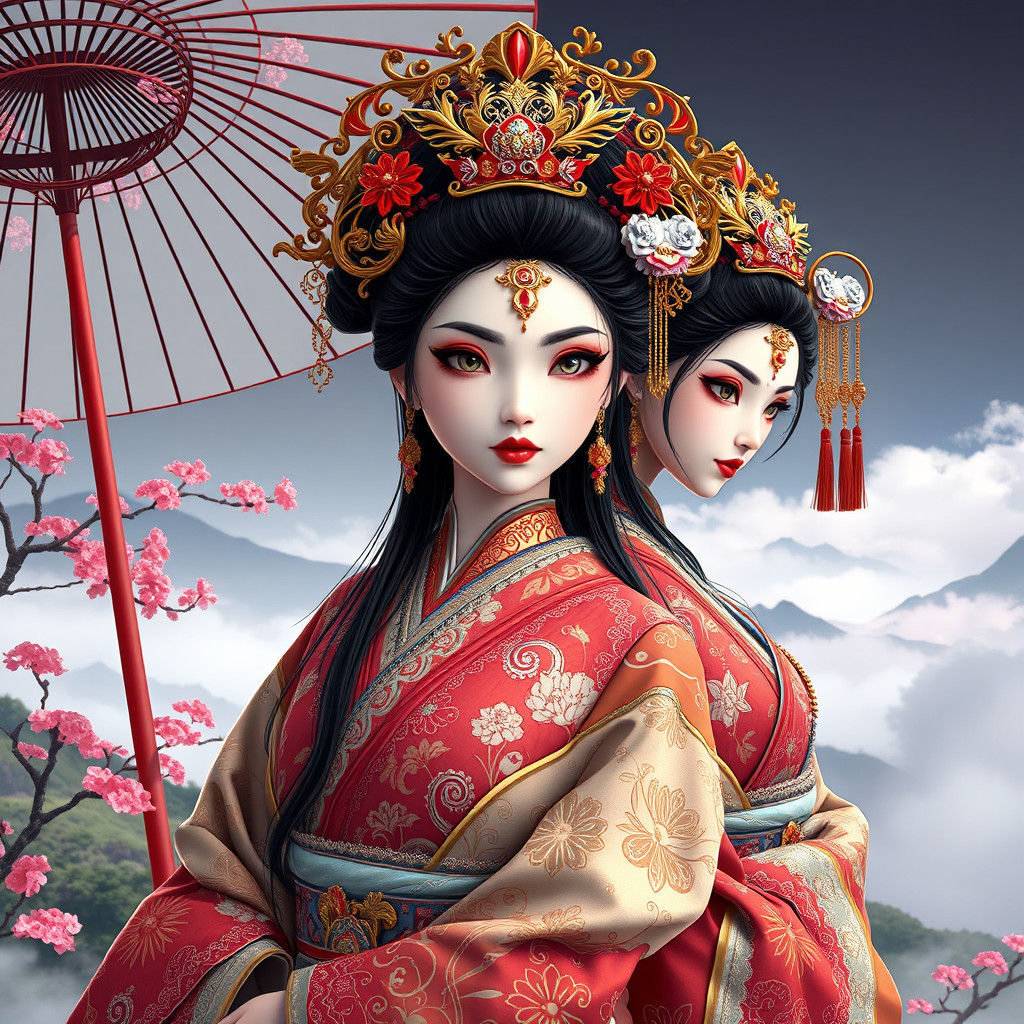 Elegant Japanese Empresses in Anime-Inspired 3D Art