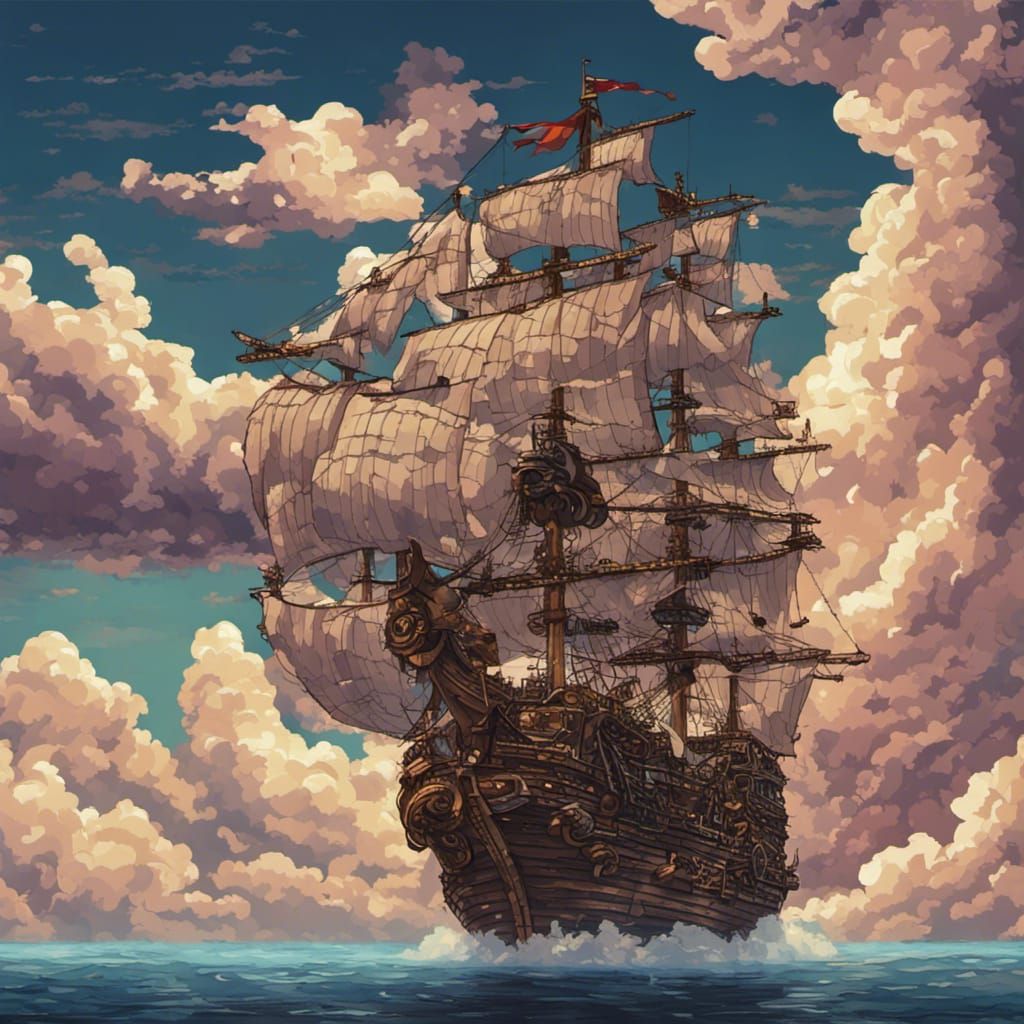 Majestic Pirate Ship Soaring on Clouds in Pixel Art