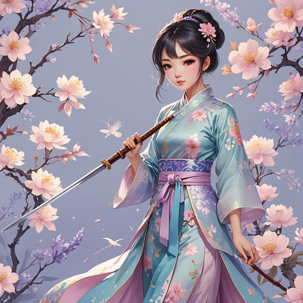 Anime Girl in Qipao with Sword in Enchanted Garden