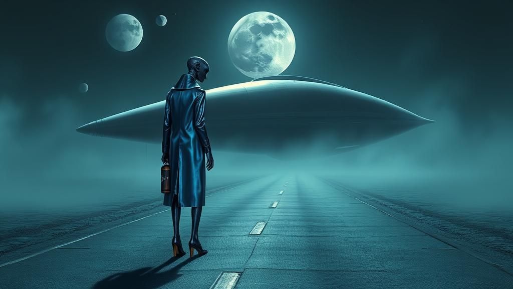 Alien's Journey to Spaceship in Surreal Landscape