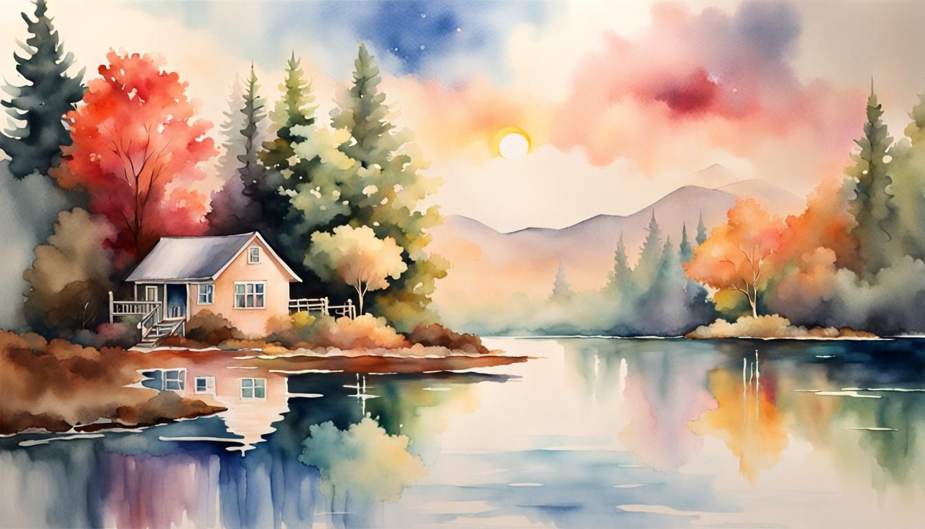 Dreamlike Watercolor Landscape Reflection