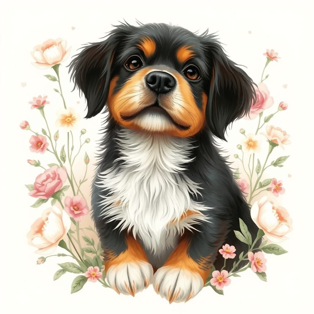 Victorian Dog in Floral Scene, Delicate Art Style