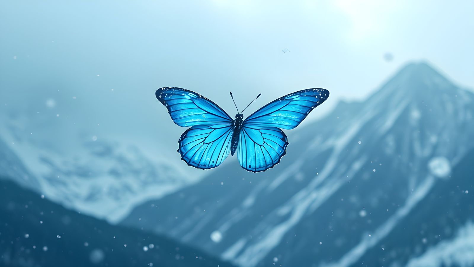 Glowing Blue Butterfly in Snowy Mountain Scene