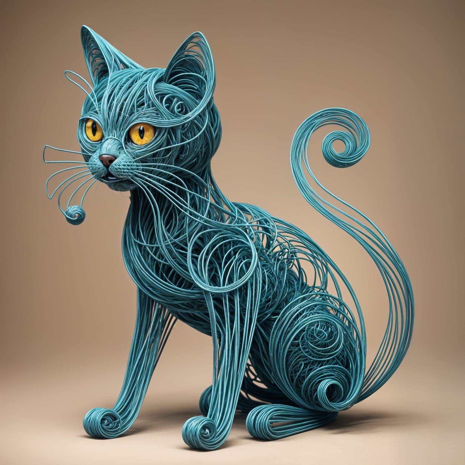 sculpture of a playful cat made entirely from twisted wire. The cat is mid-leap, chasing a ball of wire yarn. Elegant cu...
