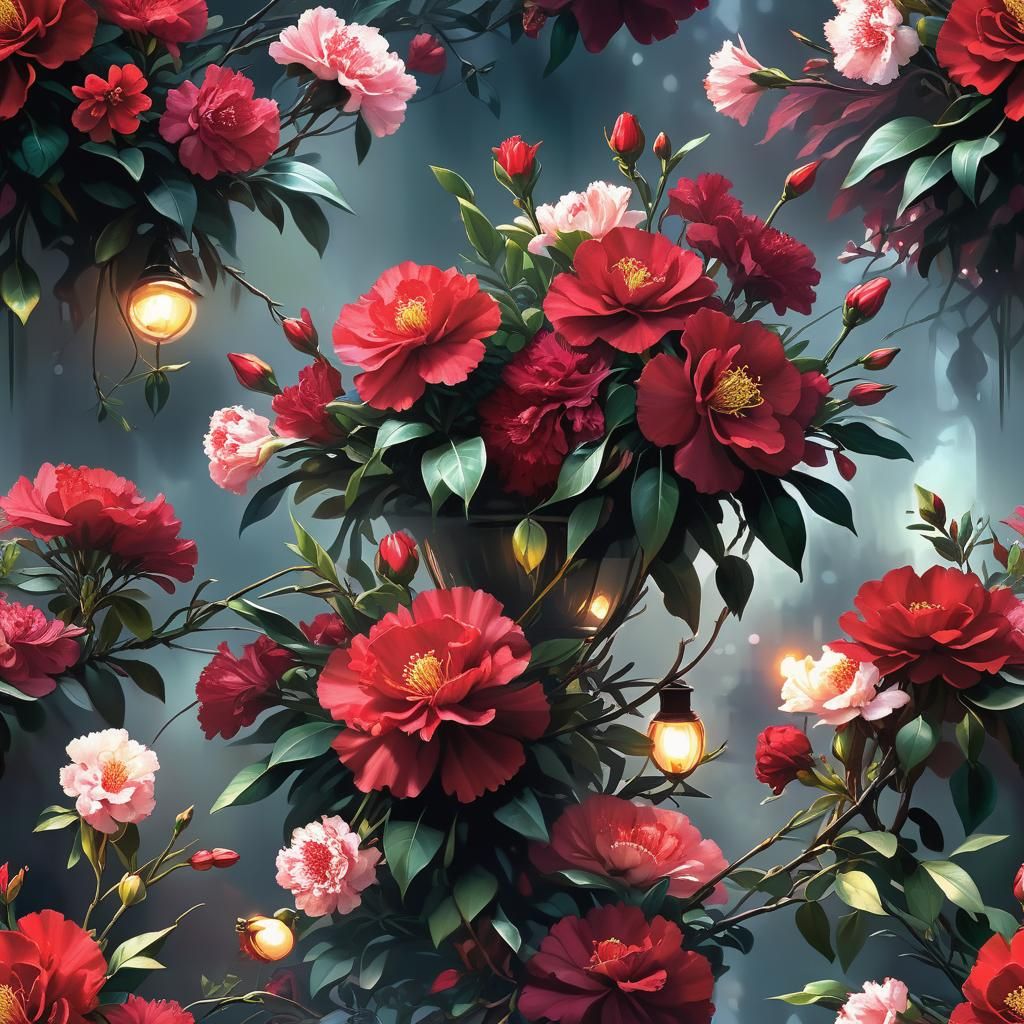 Illuminated Red Flower Bouquet in Hyperrealistic Style
