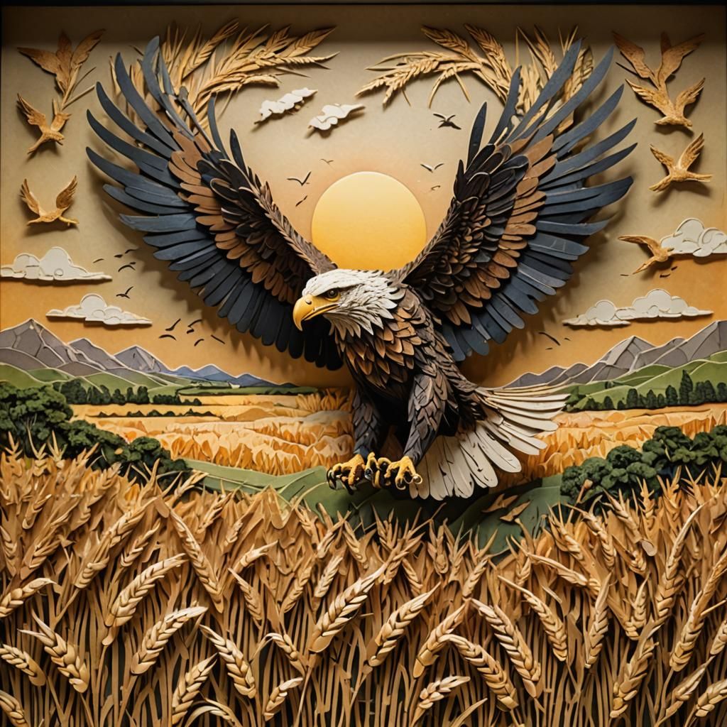 Eagle Soaring Over Wheat Field as Digital Collage