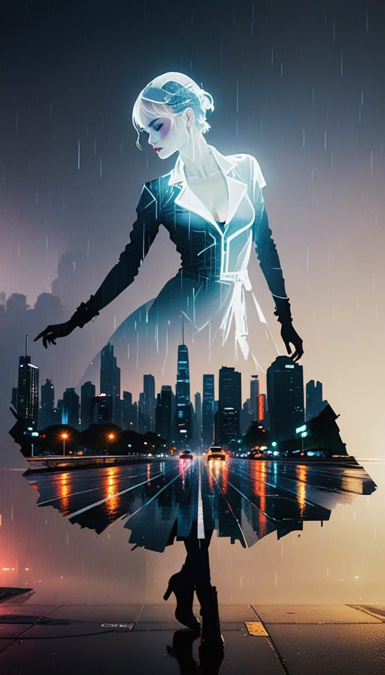 Elegant Woman Stands Amidst Neon Cityscape at Night
