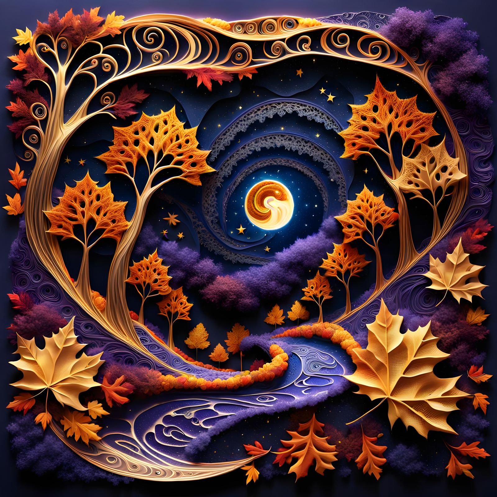 Autumnal Starry Night Collage in Hyperrealist Style