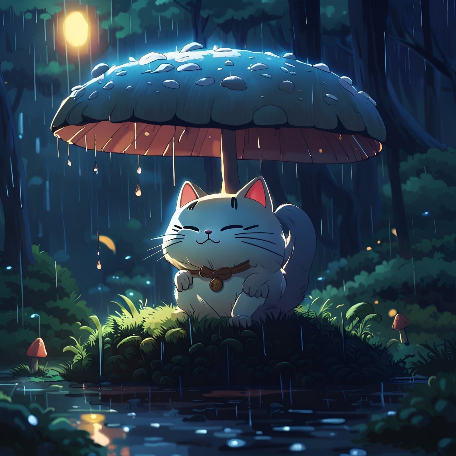 Maneki Neko in Rainy Forest: Ghibli Anime Style