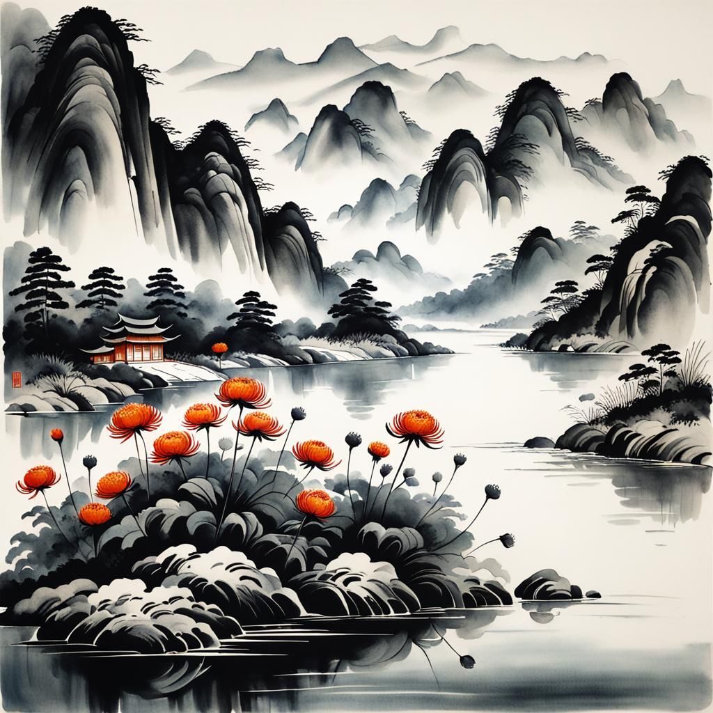 Minimalist Chinese Ink Painting of Chrysanthemums