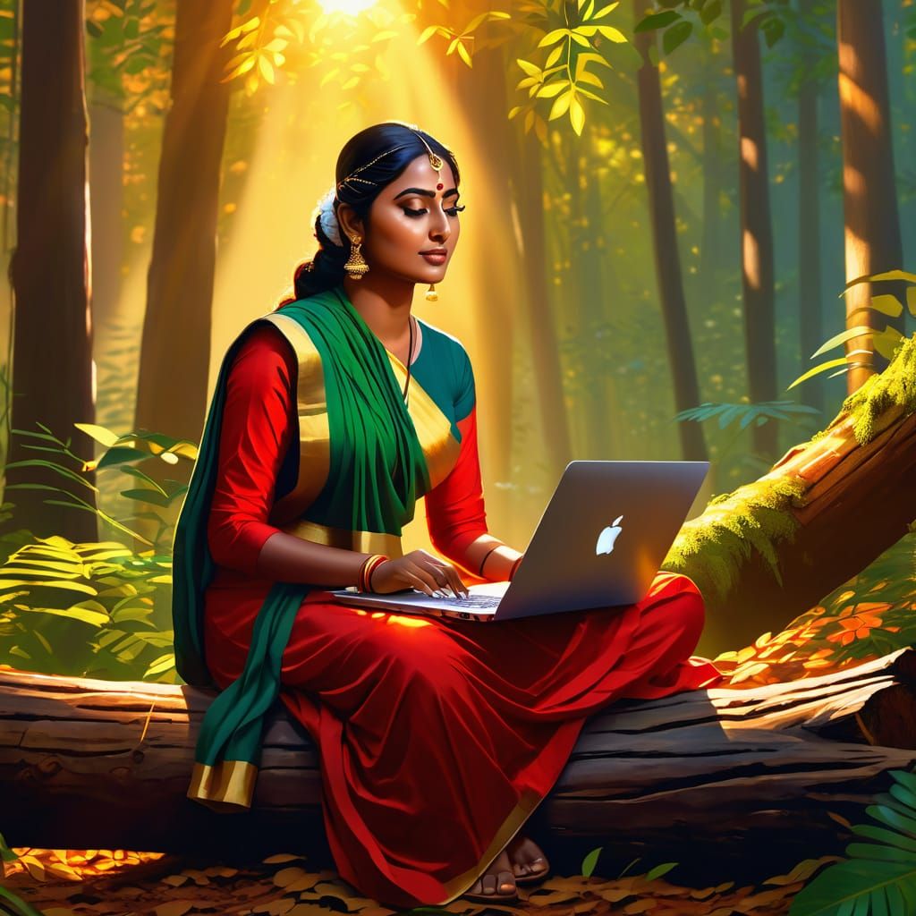 Bengali Woman Works on Mac in Sunlit Forest