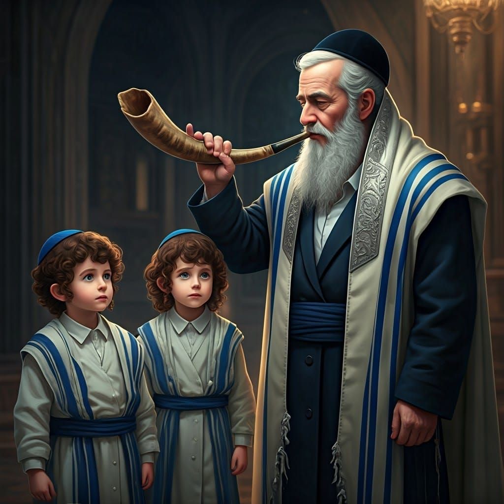 Ultra-Orthodox Jew Blowing Shofar with Children