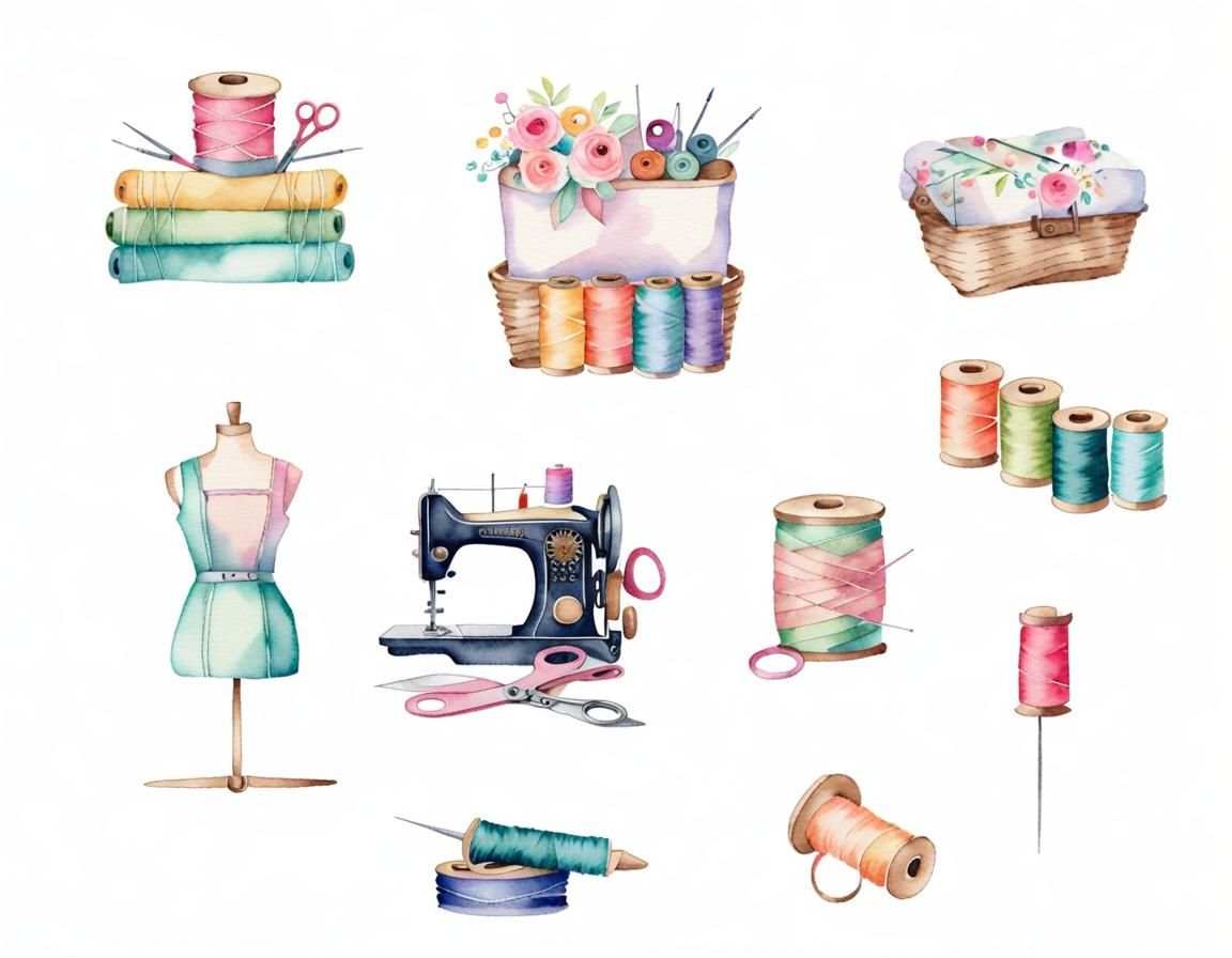 Watercolor Sewing Elements in Pastel Colors