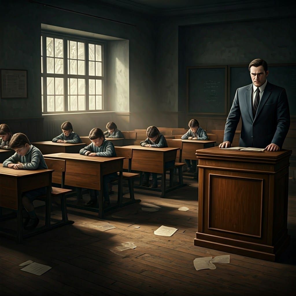 Melancholic Classroom Scene in Big-Eyed Portrait Style