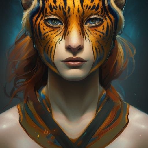 Hyperdetailed Tiger Woman Portrait in Art Nouveau Style