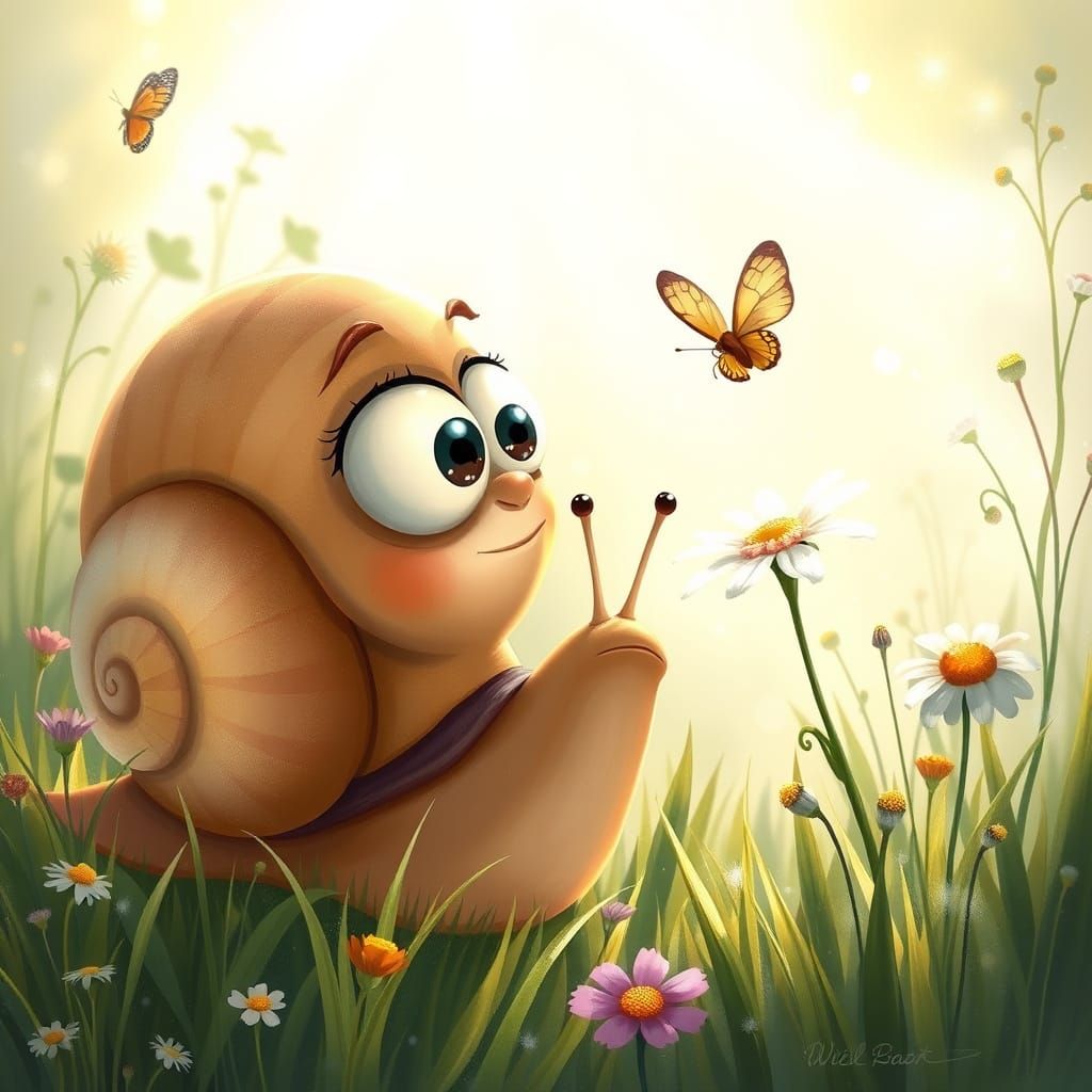 Cartoon Snail and Butterfly in Storybook Meadow