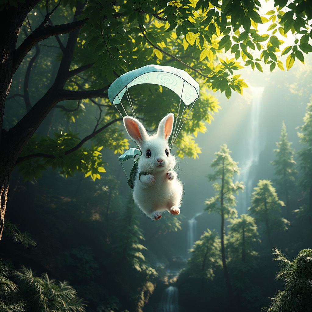 Bunny Parachuting Over Lush Forest in Hyperreal Style