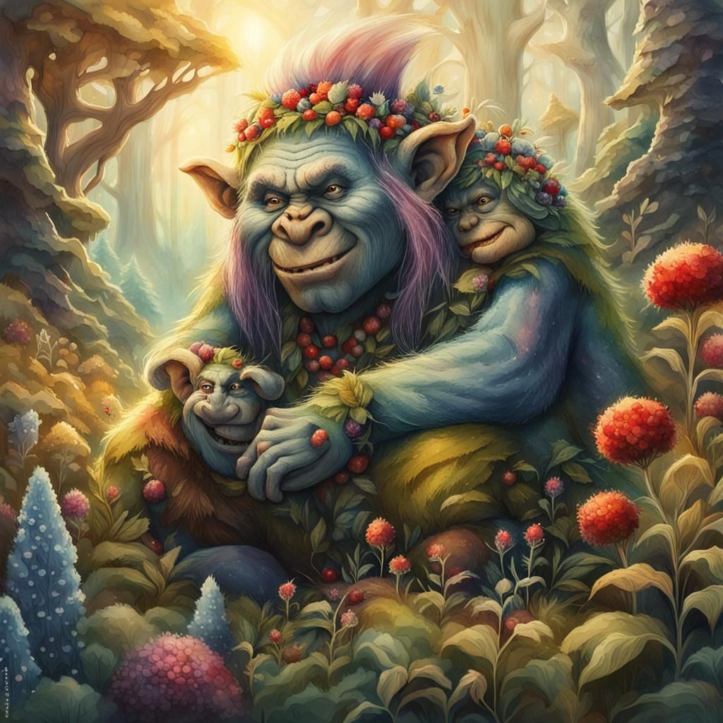 Troll and Kikimora in Mystical Botanical Clearing