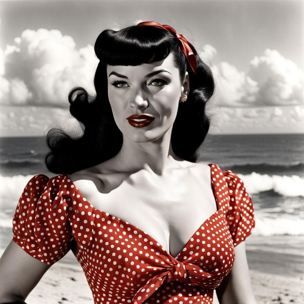 Bettie Page in Art Deco Style Polka Dot Swing Dress