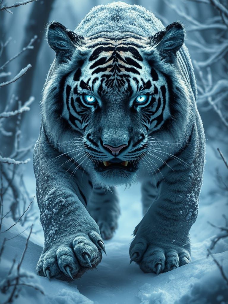 Majestic Frost Tiger Emerges from Frozen Wilderness