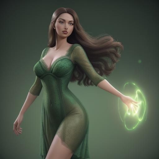 Brunette in Green Chiffon Dress: 3D Digital Art