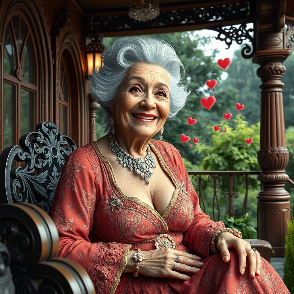 Glamorous Silver-Haired Granny Sits on Lavish Porch, Throwin...