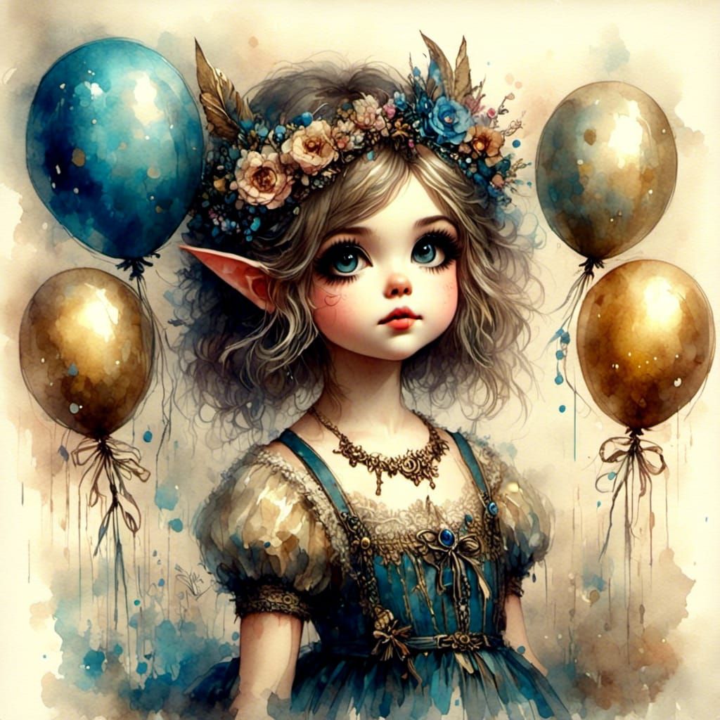 Pixie with Balloons in Antique Watercolor Style