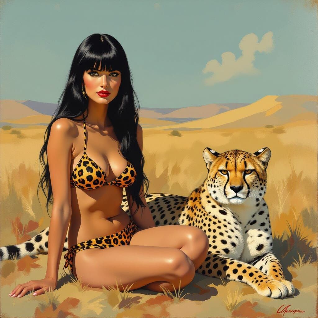 Woman and Cheetah in Post-Impressionistic Style