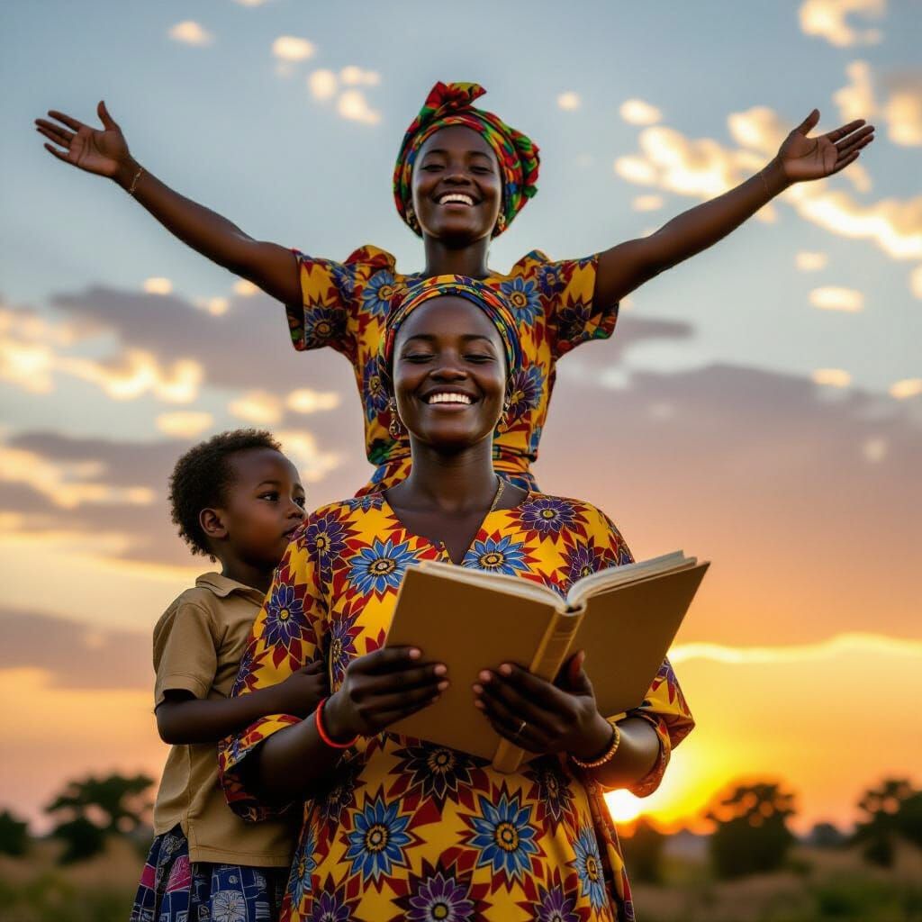 Proud African Woman Holds Schoolbook and Child, Sankara's Sp...