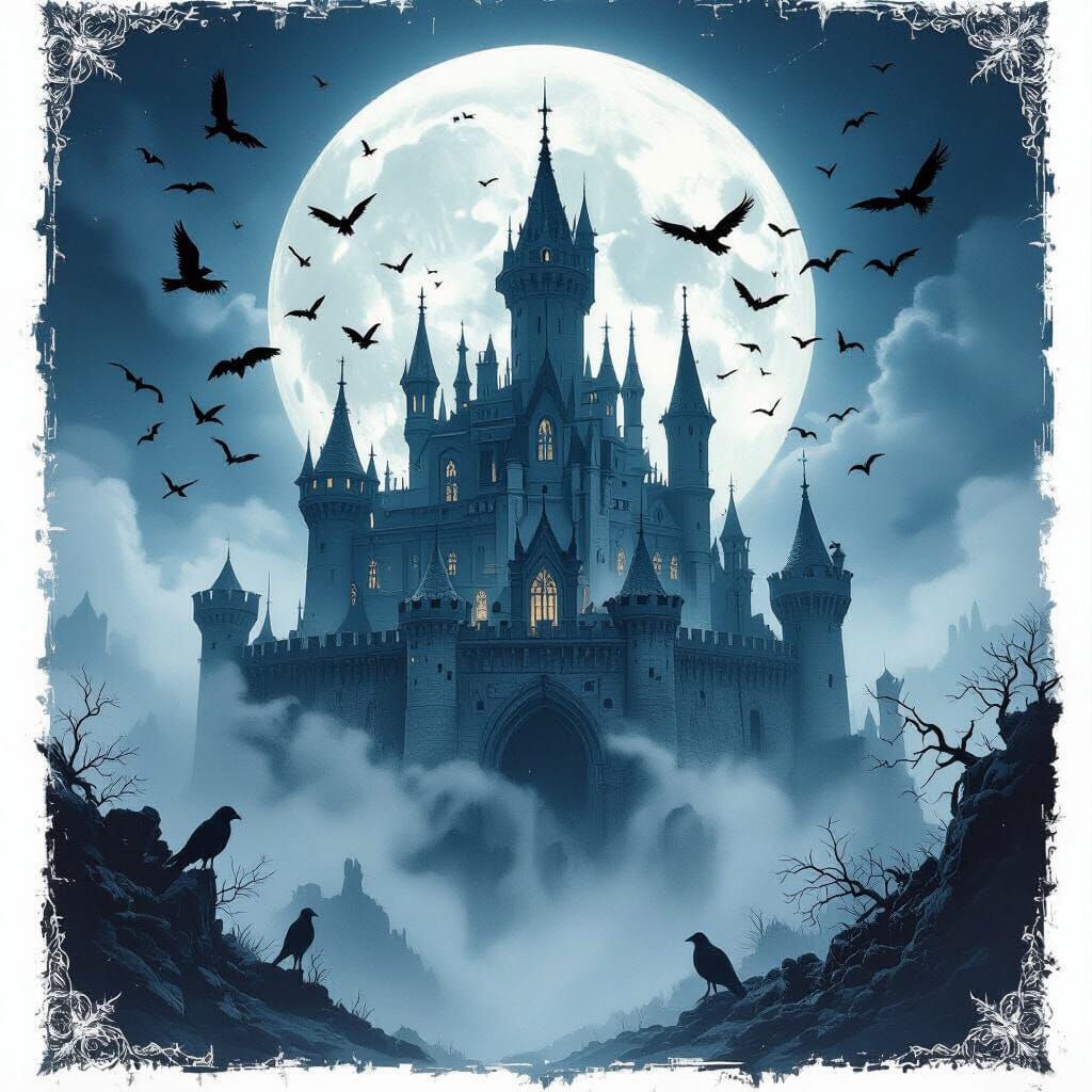 Gothic Horror Castle Illustration with Fog, Crows, and Bats