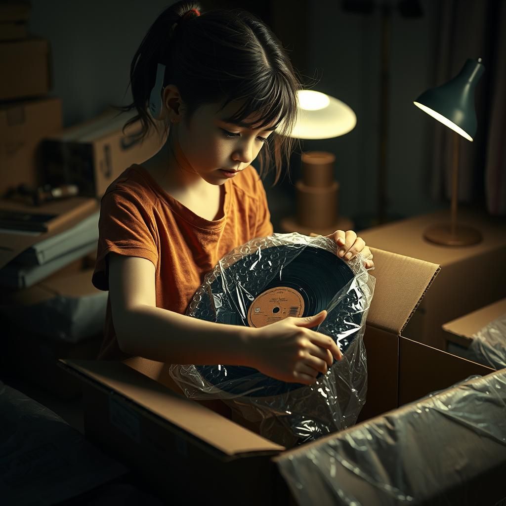 Girl Packs Vintage Record: Realistic 3D Art