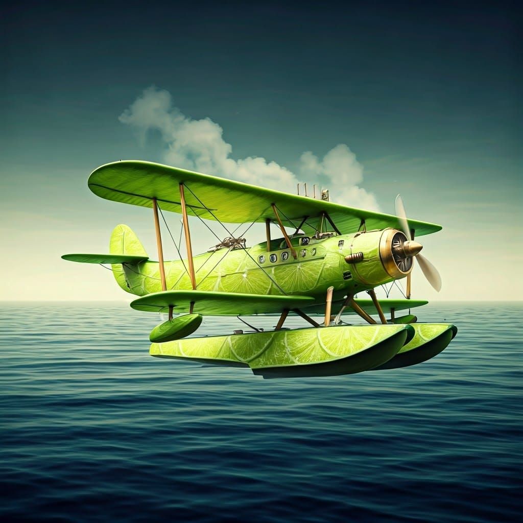 A majestic, citrus-hulled steam punk seaplane, its hull comprising hundreds of thin, translucent lime slices.
