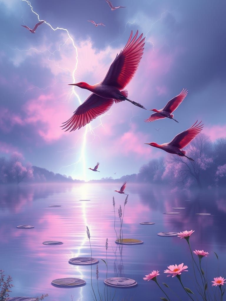 Birds in Flight Over Pond with Lightning, Impressionistic St...