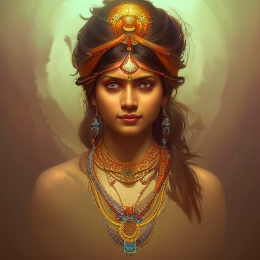Radiant Indian Goddess Portrait in Art Nouveau Style