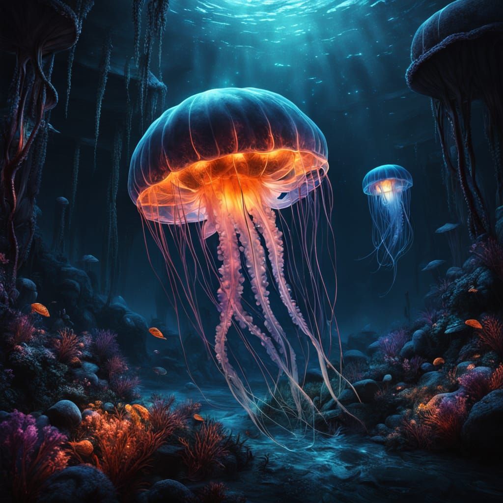 Bioluminescent Jellyfish in an Alien Ocean, in Cosmic Horror...