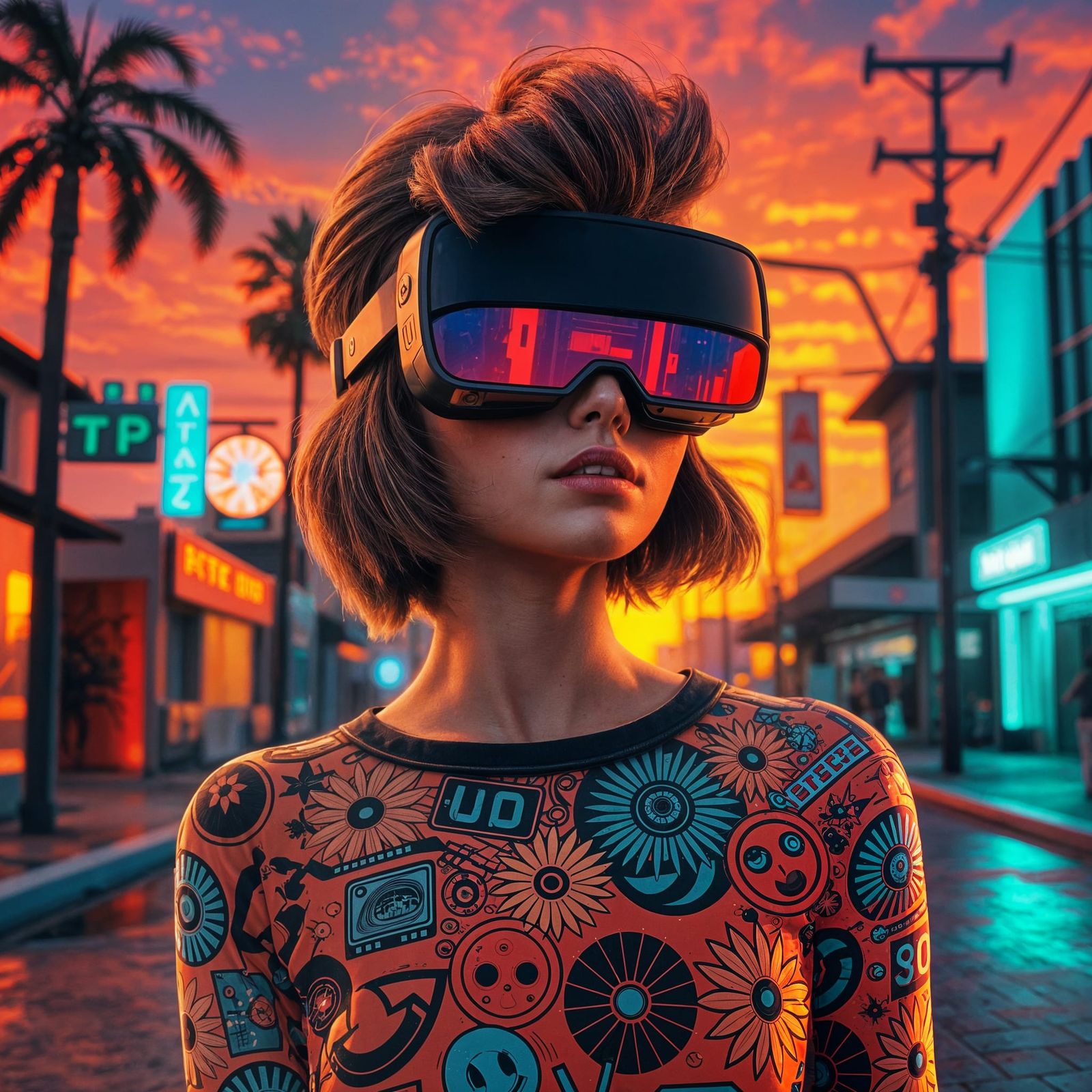 Retro-Futuristic Sunset Scene with 80s VR Girl