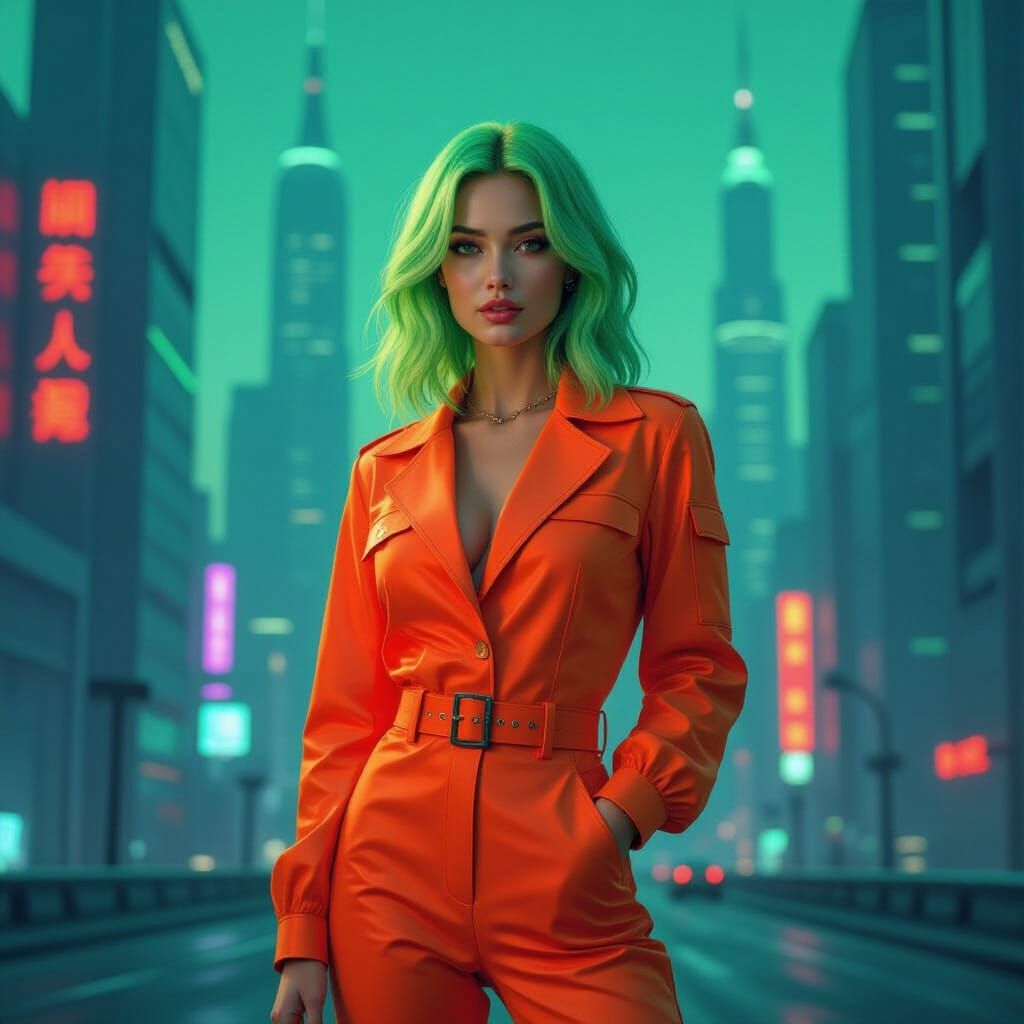 Neon Woman in Futuristic Cityscape, Hyper-Realistic Style