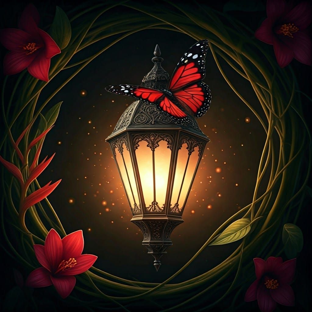 Crimson Butterfly on Lantern in Ethereal Concept Art