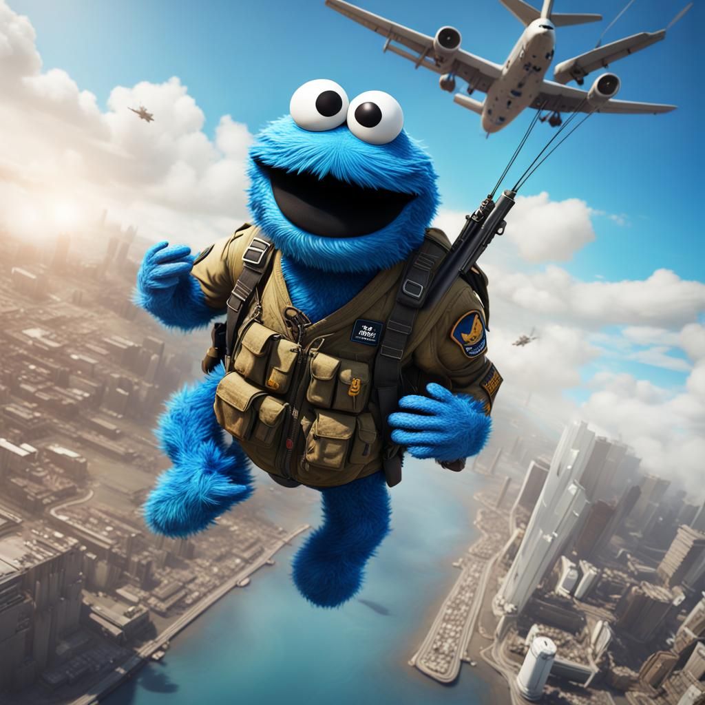 Cookie Monster Skydiving: Detailed Military Concept Art