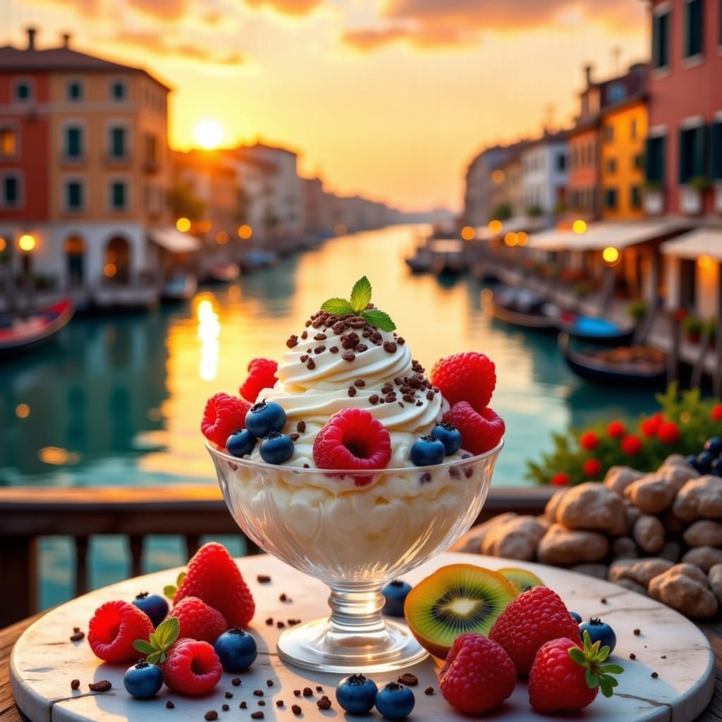 Ice Cream on Venetian Terrace in Photorealistic Style