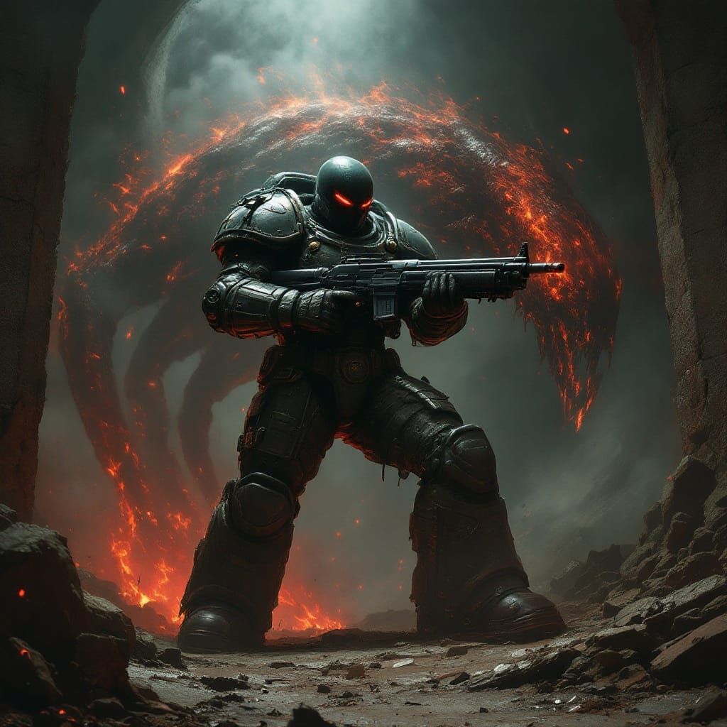 Space Marine in Hellish Doomscape