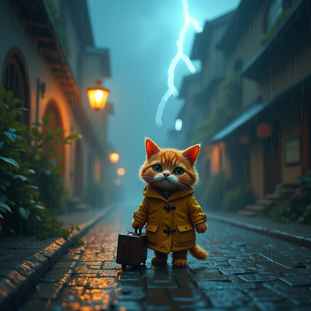 Orange Cat in Rainstorm: Matte Painting Concept Art