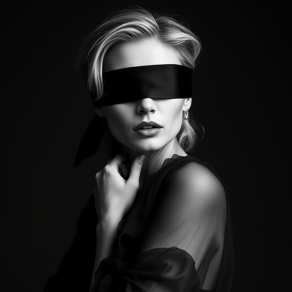 Elegant Blindfolded Woman in Chiffon Dress