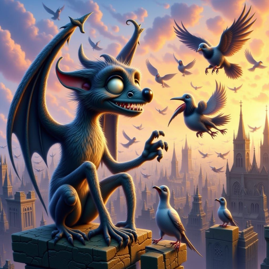 Charming Gargoyle Plays with Pigeons on Cathedral Rooftop