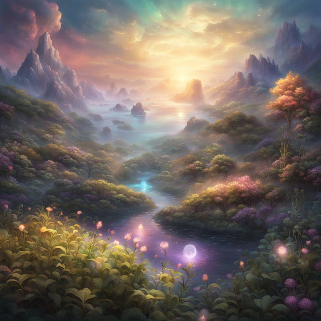 Planet Myst: Ethereal Fantasy in Kinkade Style