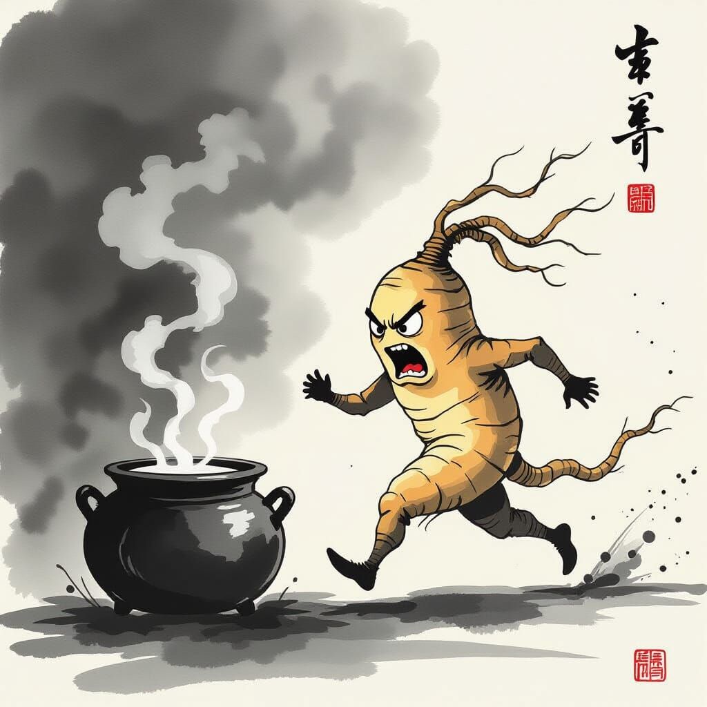 Panicked Ginseng Root Flees Herbal Brew in Ink Wash Style
