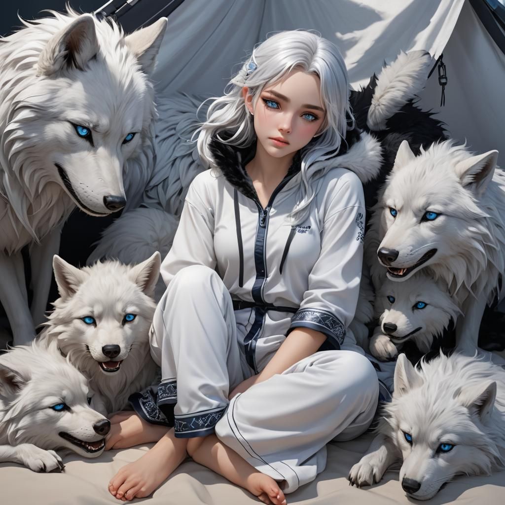 Anime Girl Sleeping with Wolves in Tent