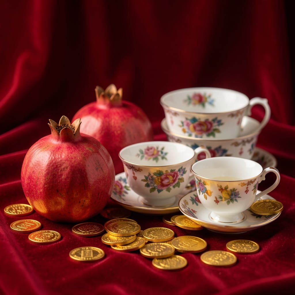 Photorealistic Still Life: Pomegranates, Teacups, and Gold C...