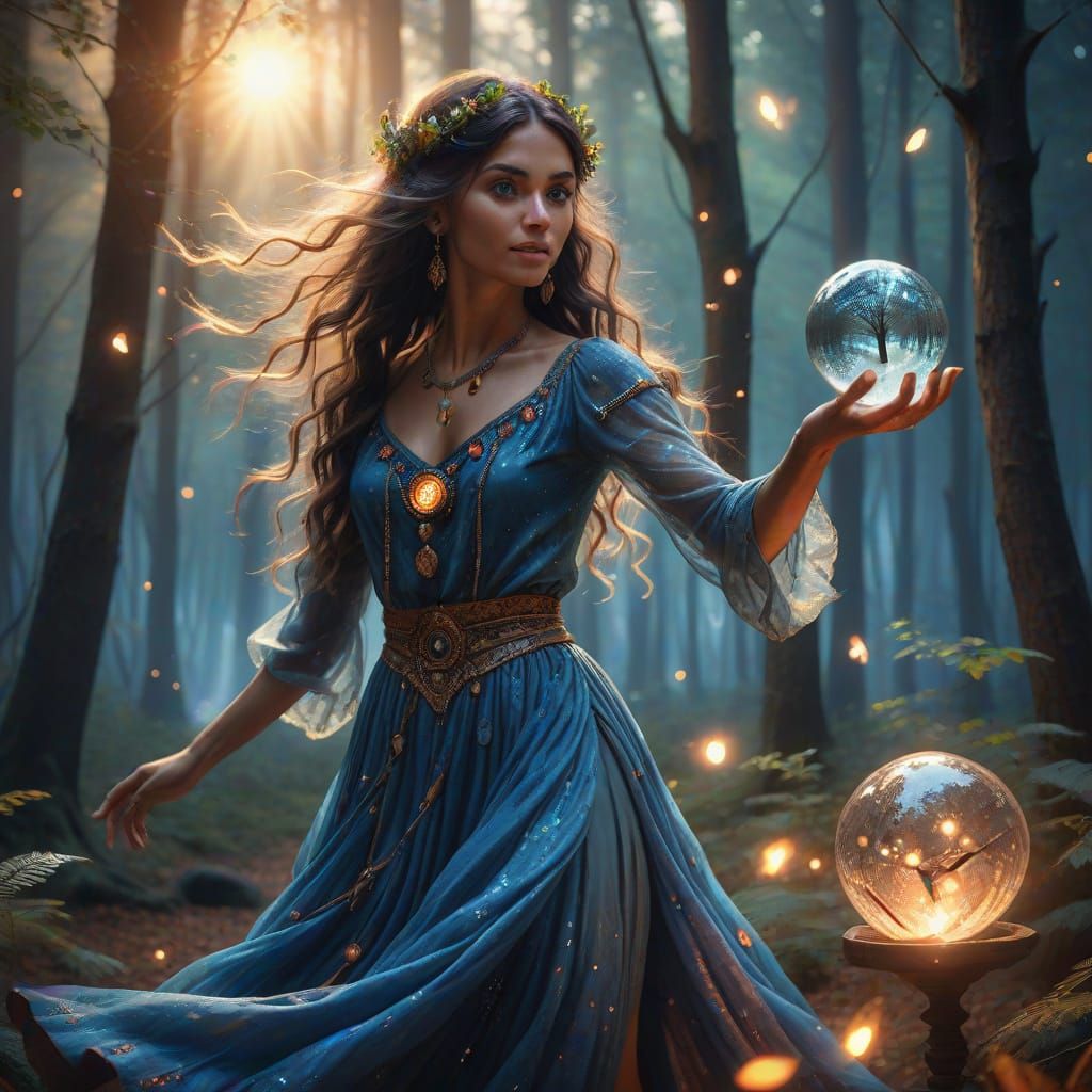 Gypsy Enchantress Dancing in Mystical Forest
