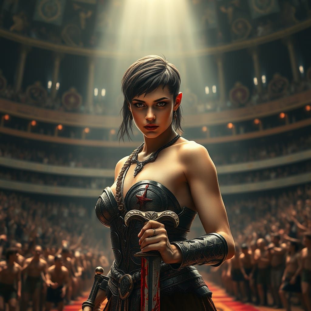 Female Gladiator in Bloody Arena, Hyperrealistic Concept Art